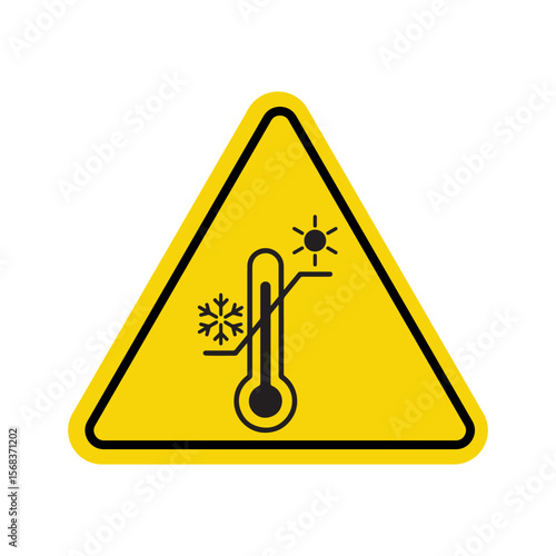 Warning sign indicating extreme temperature range with thermometer, ice, and sun symbols on yellow triangular background