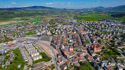 Fototapeta Naklejka Na Ścianę i Meble -  A panoramic aerial view around the old town of the city Bulle in Switzerland on a sunny spring noon