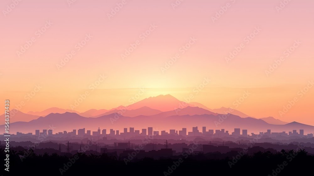 Fototapeta premium City skyline is visible in the distance with a beautiful sunset in the background. The sky is a mix of pink and orange hues, creating a serene and peaceful atmosphere