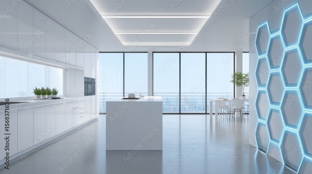 Fototapeta premium Modern Bright Kitchen Interior with Sleek Design, Large Windows, and Innovative Hexagonal Panel Decoration