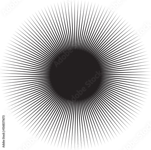 A black and white vector image featuring a perfectly circular, solid black center from which numerous thin, radial lines emanate outwards, creating a sunburst or starburst effect.
