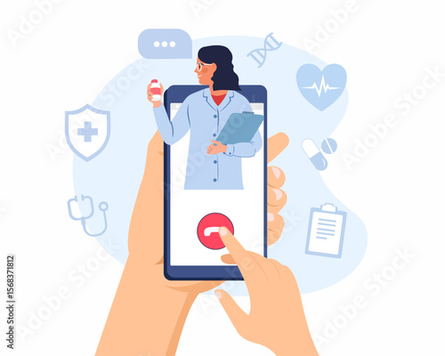 Patient holding phone consultation to the doctor via smartphone online medical support vector illustration.