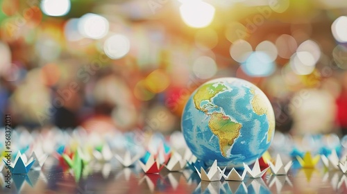 Symbolic globe with tiny paper boats floating towards country border, representing migration, global movement, and international relations concepts.