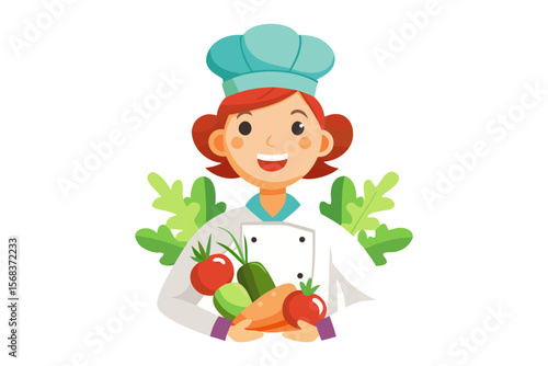 Culinary Artisan: A cheerful female chef, adorned in her pristine whites and toque, cradles an assortment of fresh, vibrant vegetables, symbolizing culinary artistry and healthful eating.