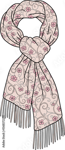 Floral Pattern Fashion Scarf Flat Technical Drawing, Vector Template for Accessories, Stylish Tassel Edge Shawl Design Illustration, Elegant Women's Winter Neckwear Mockup.