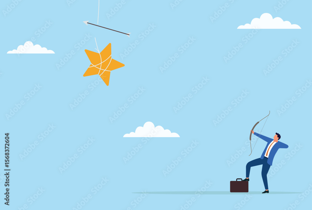 Obraz premium Vector illustration of a businessman shooting arrows at a star sign, representing ambition, vision, and the determined pursuit of excellence, dreams, and ultimate success 