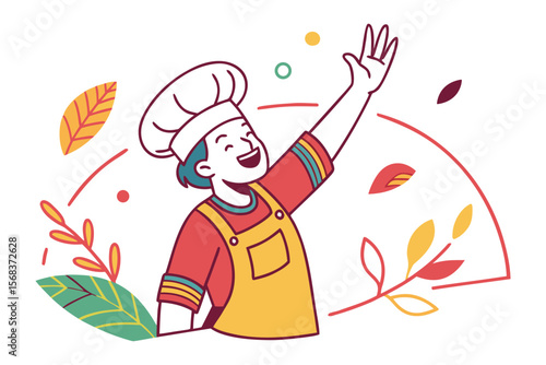 Cheerful Cook Illustration: An engaging illustration showcases a jovial cook extending a welcoming hand amid playful botanical elements, evoking a sense of culinary delight.