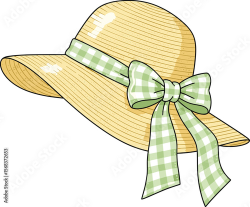 Straw Sun Hat with Gingham Bow Flat Technical Drawing, Vector Template, Fashion Summer Accessory Design for Women, Elegant Wide Brim Hat Illustration for Adobe Stock.