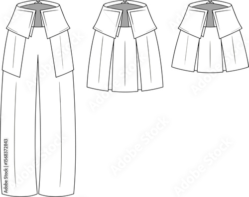Wide leg pants with pleated overlay, fashion flat sketch, vector cad, technical drawing, layered skirt pants, women’s garment, front and back view