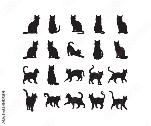 Black Silhouette Cat Icons: Diverse Poses & Feline Companions Set
