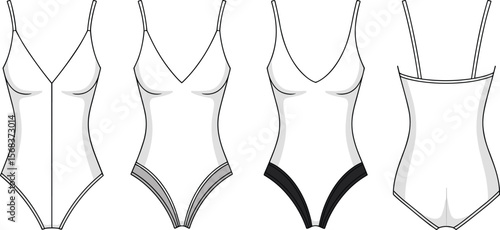 Women's bodysuit flat sketch, one-piece swimsuit design, lingerie CAD template, fashion technical drawing, front and back view, vector outline, minimal design