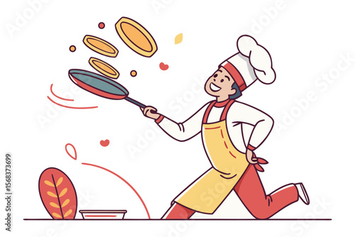 Master Chef Pancake Acrobatics: A skilled chef, adorned in a traditional toque and apron, executes a spectacular feat of culinary artistry by tossing a stack of golden pancakes into the air with pan