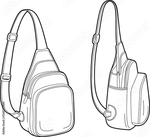 Sling Backpack Flat Technical Drawing, Front and Side View Vector Template, Casual Crossbody Bag Design for Men and Women, Travel, Everyday, Streetwear Functionality.