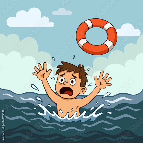 little boy drowning in water, raising hands, asking for help and trying to catch lifebuoy. rescue on water. vector illustration.