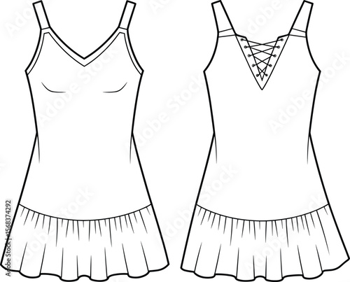 Lace Up Back Dress Flat Fashion Technical Drawing, Flowy Ruffle Hem, Sleeveless Summer Dress Design, Front and Back View Vector Template, Apparel Sketch Illustration.