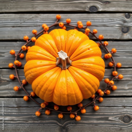 Wallpaper Mural Vibrant Pumpkin Surrounded by Autumn Berries on Wooden Background Torontodigital.ca