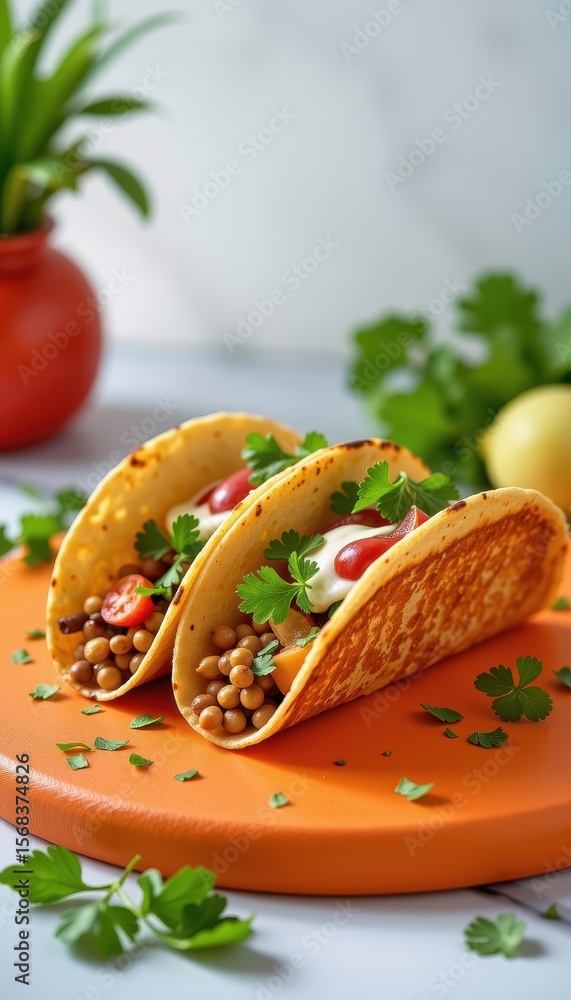custom made wallpaper toronto digitalFresh Tacos with Lentils and Vegetables on Bright Orange Plate