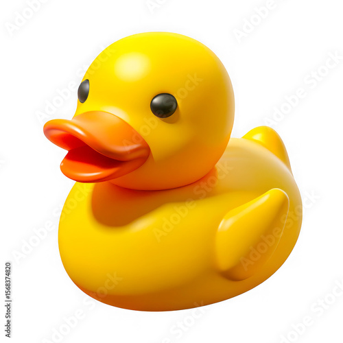 A cheerful yellow rubber duck toy with an open beak isolated on transparent background