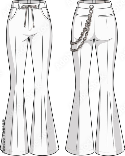 Flared pants fashion sketch, chain detail trousers, bell bottom vector, lace-up waistband pants, technical drawing flared pants, fashion flat, trendy pants sketch