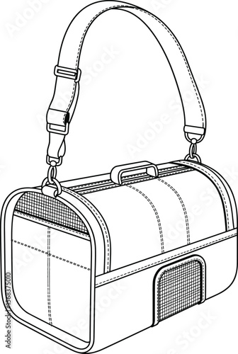 Pet Carrier Bag Flat Technical Drawing for Fashion Design, Adjustable Strap Vector Template, Soft-Sided Travel Bag Sketch, Front and Side View Illustration.