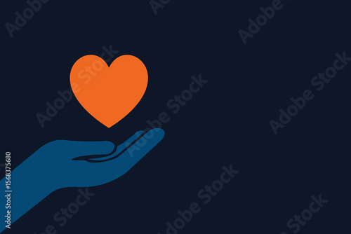 Illustration of a hand supporting a heart, conveying themes of care, compassion, love, and philanthropy against a dark background