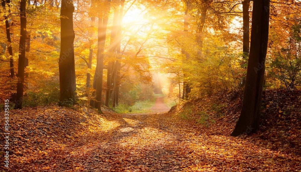 Obraz premium enchanting autumnal forest pathway bathed in golden light and falling leaves