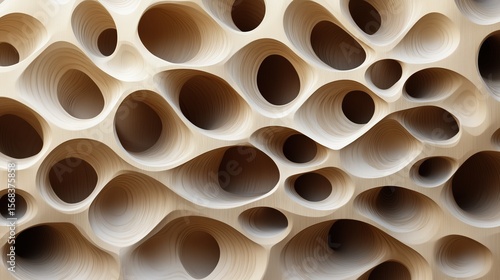 An abstract, openwork pattern resembling smooth, organic cavities carved into a light wooden surface. These rounded, layered holes create a sense of depth and texture, mimicking forms found in nature 