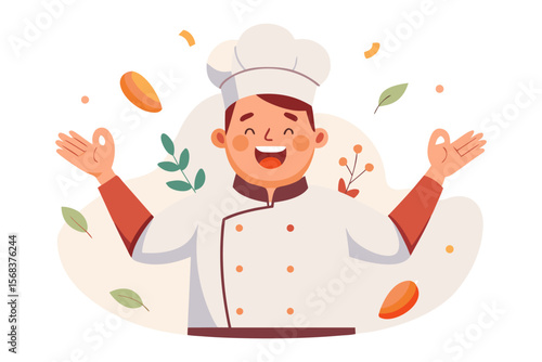 Culinary Delight: A joyful chef in a crisp white uniform expresses culinary contentment amidst floating ingredients.