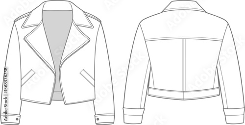 Cropped moto jacket sketch, women's biker jacket template, open-front leather coat, fashion flat drawing, cuffed sleeve design, vector fashion illustration
