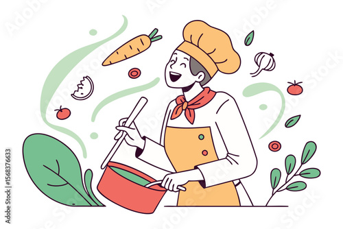 Culinary Maestro: Delightful chef prepares a vibrant, healthy meal. A cook skillfully stirs a simmering pot, surrounded by fresh vegetables.