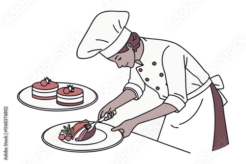 Culinary Artist's Creation: A chef meticulously plates a culinary masterpiece, showcasing the art of fine dining through precise arrangement.