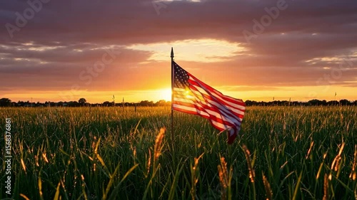 American flag waving in golden field at sunset with clouds  