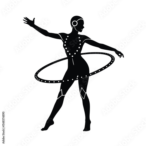 Woman with hula hoop and headphones silhouette vector illustration