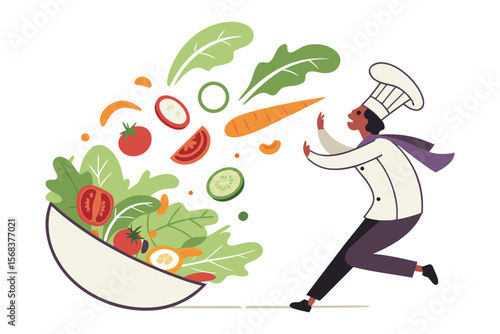 Culinary Chaos: A Chef's Runaway Salad: Witness the whimsical drama as a chef navigates the unexpected, facing the playful scattering of colorful vegetables spilling from a bowl. A moment of fun!