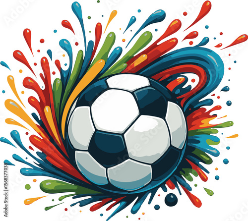 Soccer ball amid Vibrant Hues: A soccer ball sits center stage, bursting with the energy of vivid colors, a dynamic celebration of sportsmanship and skill.