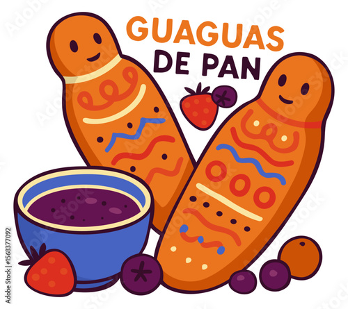 Guaguas de pan and colada morada. Traditional Ecuadorian dish. Vector isolated illustration with lettering