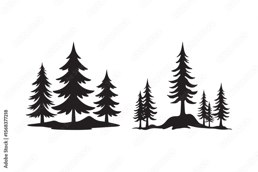 Obraz premium Silhouette of pine trees on rocky ground against white background