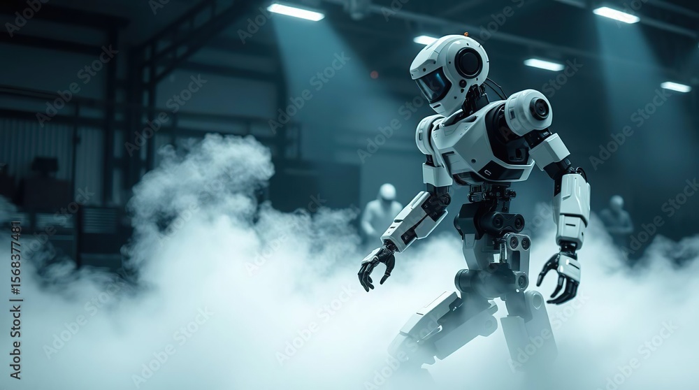 Fototapeta premium Robot walks through volumetric fog area