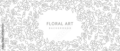 Abstract Floral line art frame. Luxury background with hand drawn minimal flowers, branches and leaves. Vector illustration for card, banner, print, poster, cover, wedding invitation, packaging