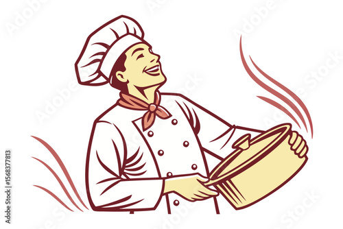Happy Chef Cooking: A cheerful chef in a classic white uniform joyfully presents a steaming pot, radiating culinary passion and delicious aromas.