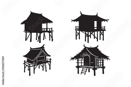 Collection of silhouetted traditional southeast asian stilt houses