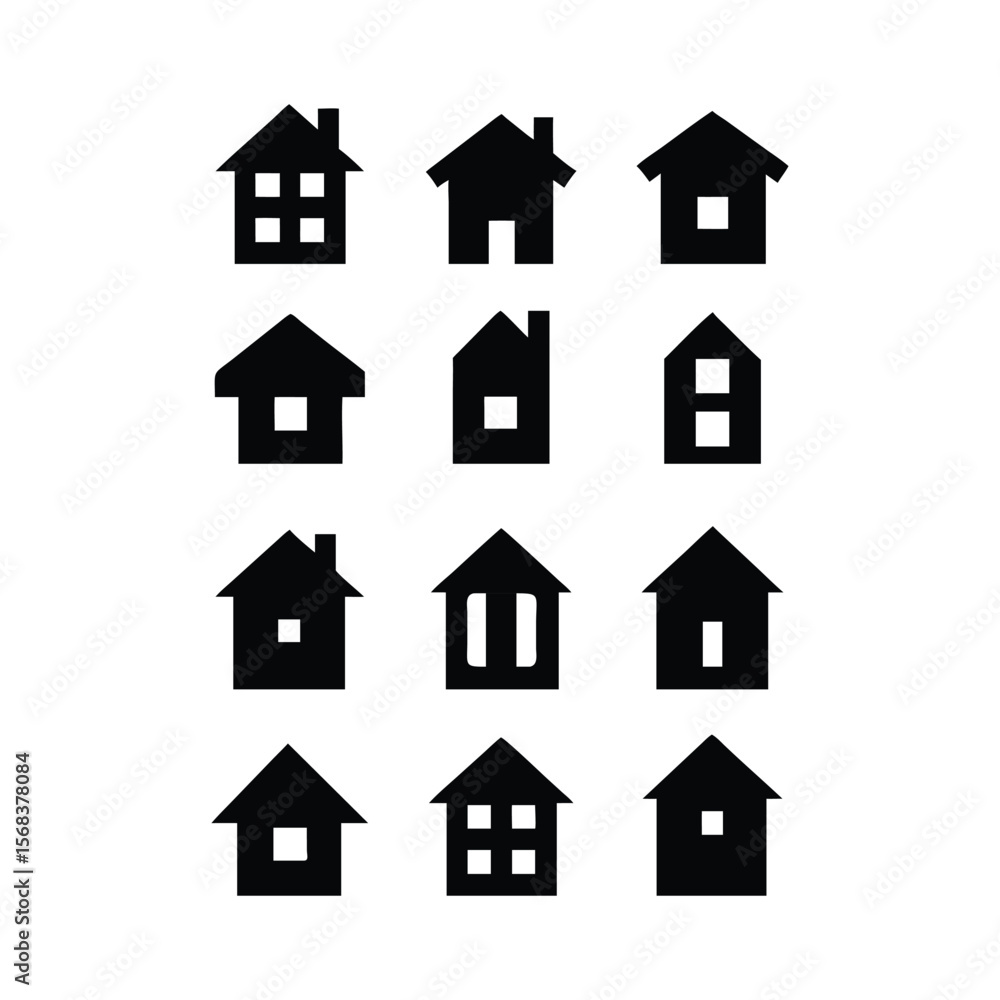 Black house icons with varied window designs home building Black house icons with varied window designs home building