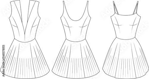 Pleated skirt dress, flared mini dress, sleeveless fashion template, fit and flare dress vector, technical sketch, summer dress front and back
