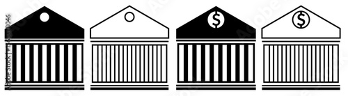 Flat minimalist bank icon set in outline style, vector EPS 10. Includes icons representing a bank building, money, vault, currency, savings, and transactions. Ideal for fintech apps, finance dashboard