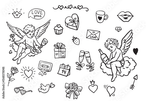 Cupid and love elements icon set. Love and valentine's day symbol. Isolated vector black hand drawn image.