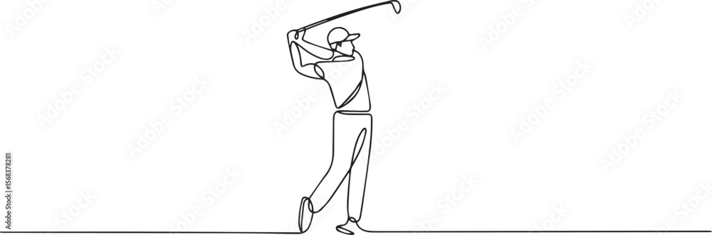 continuous line drawing of a golfer in mid-swing with golf club raised high showing dynamic motion in black and white style continuous line drawing of a golfer in mid-swing with golf club raised high showing dynamic motion in black and white style