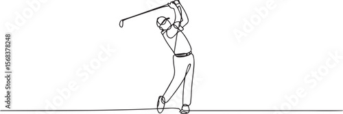  continuous line drawing of a golfer in mid-swing with golf club raised high showing dynamic motion in black and white style