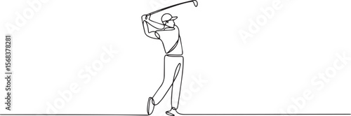  continuous line drawing of a golfer in mid-swing with golf club raised high showing dynamic motion in black and white style