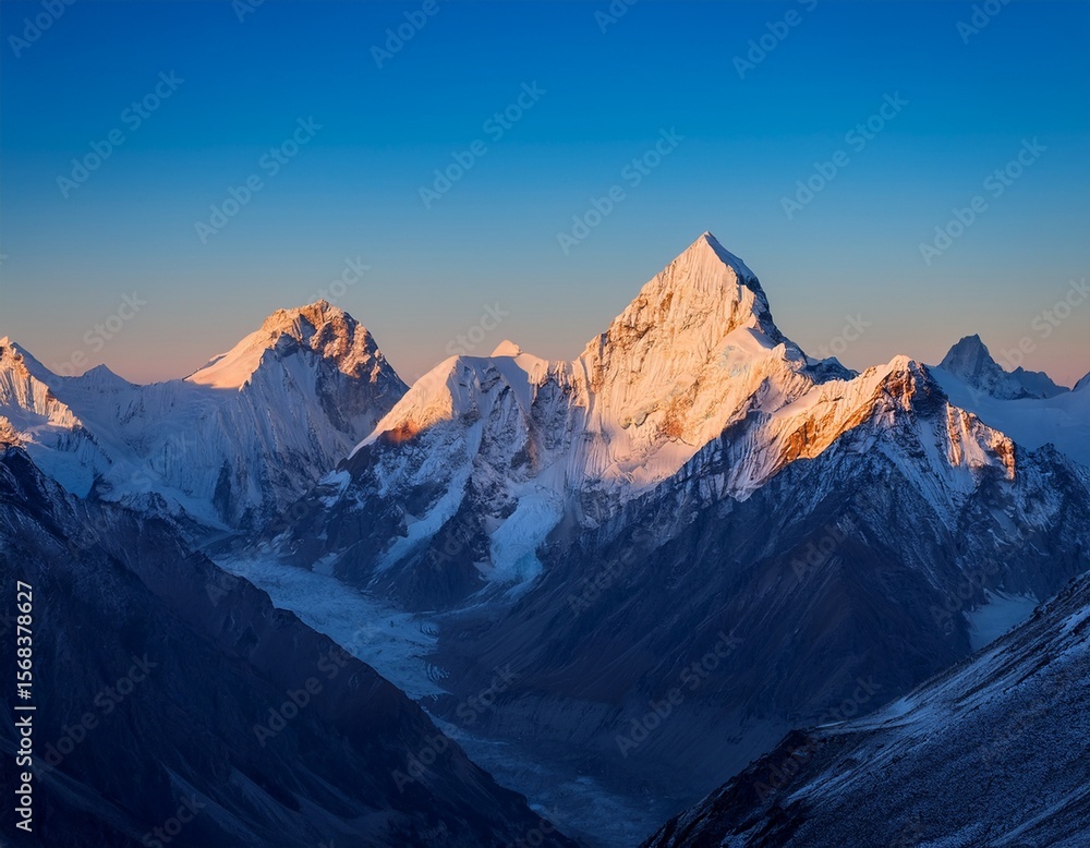 mountain range at sunrise with snowy peaks and clear blue sky mountain range at sunrise with snowy peaks and clear blue sky