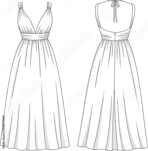 V-neck long dress sketch, pleated maxi dress design, back tie evening gown illustration, fashion flat template, sleeveless elegant outfit, stylish clothing vector